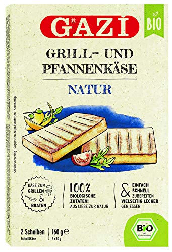 Gazi BIO Grill- und Pfannenkäse Natur - 10x 160gramm - Pfannenkäse Pfanne Grillkäse Grill Ofenkäse Ofen 43% Fett in Vakuumverpackung Schnittkäse Käse mikrobielles Lab Halal vegetarisch glutenfrei von Gazi