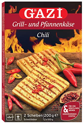 Gazi Grill- und Pfannenkäse Chili - 10x 200gramm - Pfanne Grill Grillkäse Ofen Ofenkäse Backkäse 45% Fett i. Tr. Schnittkäse Käse mikrobielles Lab Halal vegetarisch glutenfrei für Grill und Pfanne von Gazi