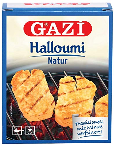 Gazi Halloumi Natur - 1x 250g - Pfannenkäse Pfanne Grillkäse Grill Ofenkäse Halloumikäse Ofen 43% Fett verfeinert mit Minze Schnittkäse Käse mikrobielles Lab Halal vegetarisch glutenfrei von Gazi