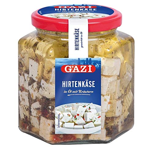 Gazi Hirtenkäse in Öl mit Kräutern - 1x 300g Glas - Kuhkäse Käse Cow Cheese Käse in Rapsöl Kräuter 45% Fett i. Tr. aus 100% Kuhmilch mild mikrobielles Lab vegetarisch glutenfrei Halal von Gazi