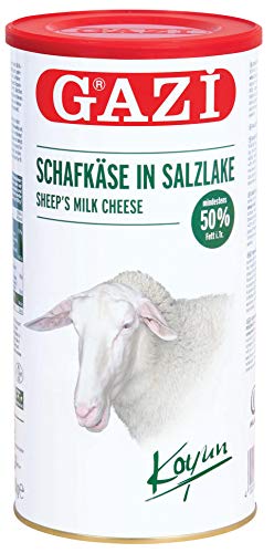 Gazi Schafskäse in Salzlake - 10x 800gramm Metalldose - Schafkäse Schaf Käse Sheep cheese Koyun peyniri 50% Fett i.Tr. aus 100% Schafmilch, Salzlake, mikrobielles Lab, vegetarisch, Halal, glutenfrei von Gazi