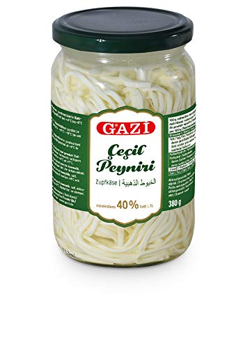 Gazi Zupfkäse - 10x 380g Glas - Kuhkäse Käse Cecil Peyniri eingelegt fein geschnitten handgearbeitet 40% Fett i. Tr. aus 100% Kuhmilch mild mikrobielles Lab vegetarisch glutenfrei Halal von Gazi
