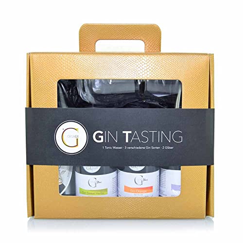 GeGeGe GIN TASTING Geschenk-Set · 3 Gin-Sorten, 1 Tonic Water & Gin Glas · Hochwertiges Gin Tasting Set & Gin Geschenkset mit Gin Glas im Goldkoffer von GeGeGe