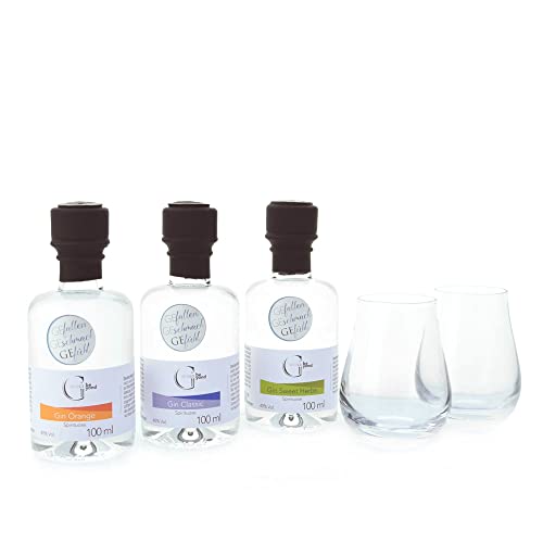 GeGeGe Premium Gin Geschenkset mit Gläser · Gin Männer Geschenk · 3 Gin Minis & 2 Gin Gläser · Gin Geschenk mit Gin Orange, Sweet Herbs & Classic · Pur oder als Gin Tonic (3 Gin Minis & 2 Gläser) von GeGeGe
