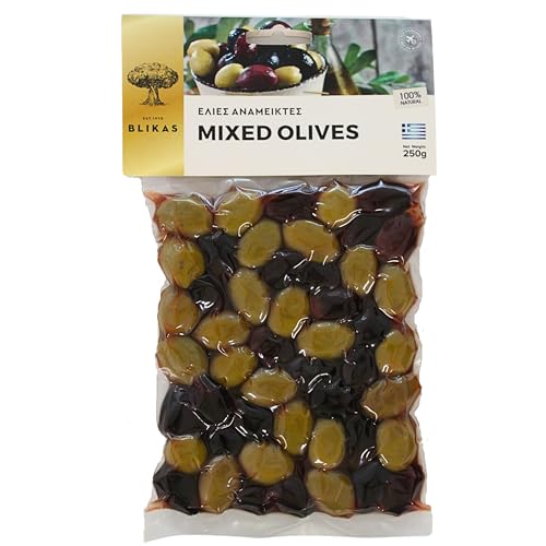 Blikas Griechische Gemischte Grüne und Schwarze Kalamata-Oliven, Packung mit 2 x 250 g (insgesamt 500 g) von Blikas