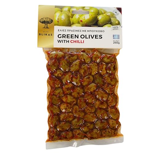 Blikas Griechische Grüne Oliven Mariniert mit Chili, Packung mit 2 x 250 g (insgesamt 500 g) von Blikas