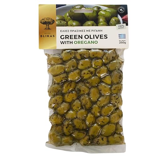 Blikas Griechische Grüne Oliven Mariniert mit Oregano, Packung mit 2 x 250 g (insgesamt 500 g) von Blikas