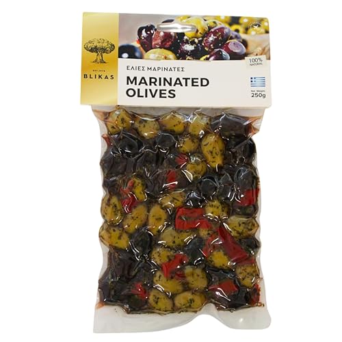 Blikas Griechische Grüne und Schwarze Kalamata-Oliven Mariniert mit Oregano und Rotem Pfeffer, Packung mit 2 x 250 g (insgesamt 500 g) von Blikas