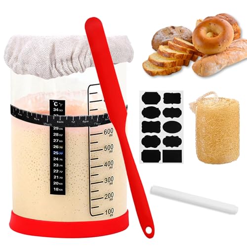 Sauerteig Starter Set, 1000ml Sauerteig Starter Glas mit Holzdeckel, Gummiband, Thermometerpapier, Silikon-Spatel, Stoffhut, Etikett, Sourdough Starter Kit für Brotbacken, Fermentieren (B) von GeluEla