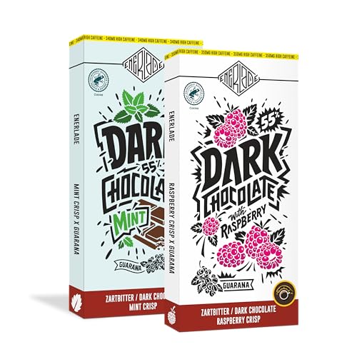 ENERLADE Zartbitter Duo (2x 100 g) 1x Himbeer + 1x Minz Crisp - Guarana Schokolade - Koffein - kein Nachgeschmack - Vegan - Laktosefrei - Fair Trade - Energy - made in Germany von Generic