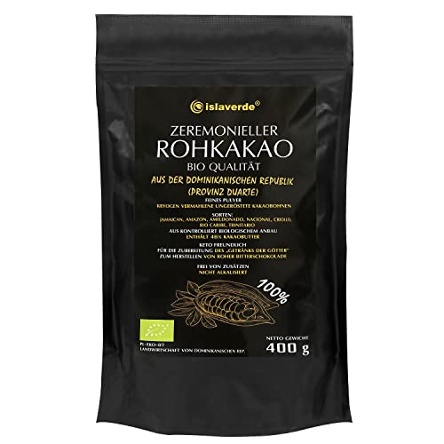islaverde Zeremonieller BIO Rohkakao 100% aus Premium Kakaobohnen, Feines Pulver, 46% Fett, Zusatzfrei und Zuckerfrei, Nicht Alkalisiert, aus der Dominikanischen Republik, 400 g von Islaverde