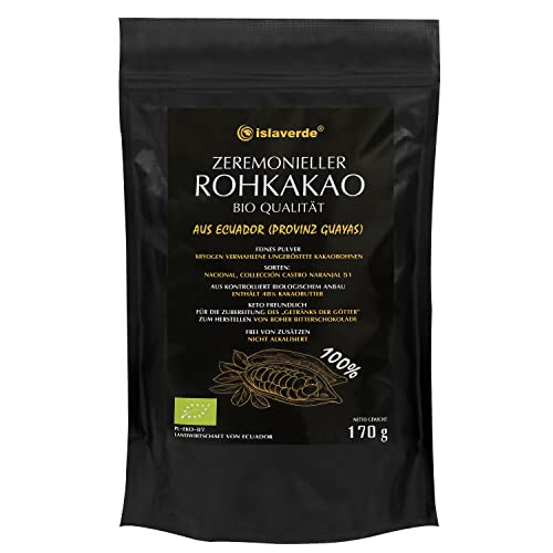 islaverde Zeremonieller BIO Rohkakao 100% aus Premium Kakaobohnen, Feines Pulver, 46% Fett, Zusatzfrei und Zuckerfrei, Keto-freundlich, Nicht Alkalisiert, aus Ecuador, 170 g von Islaverde
