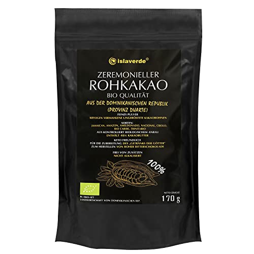 islaverde Zeremonieller BIO Rohkakao 100% aus Premium Kakaobohnen, Feines Pulver, 46% Fett, Zusatzfrei und Zuckerfrei, Nicht Alkalisiert, aus der Dominikanischen Republik, 170 g von Islaverde