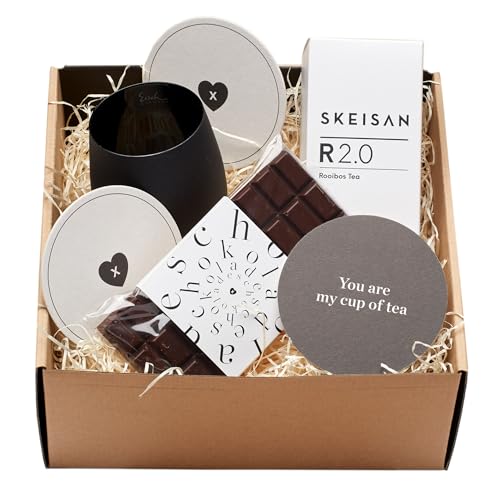 KULTURGUT! - Geschenkset für Tee-Liebhaber - Tee Glas von Eisch 360 ml - SKEISAN R2.0 Roobios Tea ‚Creme Brûlée‘ - Exklusive Untersetzer im 3er Set - Dunkle Grad-Cru-Schokolade 100g - hochwertig von Generic