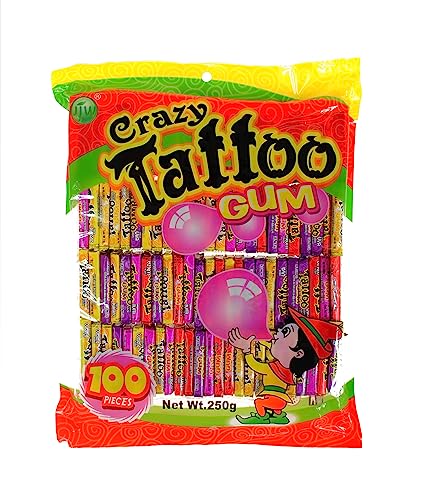 Kaugummi Tattoo 100 Stück - 90er süßigkeiten mit Fruchtgeschmack - bubble gum auf einem Tablett mit einem Wassertattoo von Generic