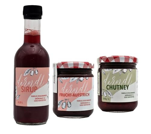 Kornelkirsche Dirndl 3er Probier-Set | 220g Fruchtaufstrich pur von der Kornelkirsche | 220g Kornelkirsche Chutney | 0,25 Liter Kornelkirsche Sirup Kornelkirsche Dirndl 3er Probier-Set | 220g Fruchtaufstrich pur von der Kornelkirsche | 220g Kornelkirsche Chutney | 0,25 Liter Kornelkirsche Sirup von Generic