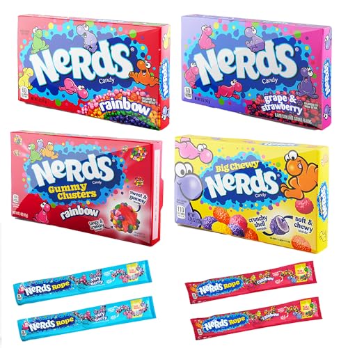 Nerds Sweets Süßigkeiten Big Box Bundle Original USA - 1x Rainbow, 1x Strawberries & Grape, 1x Gummy Cluster, 1x Big Chewy, 4x Rope, 8-Teile Pack von Generic