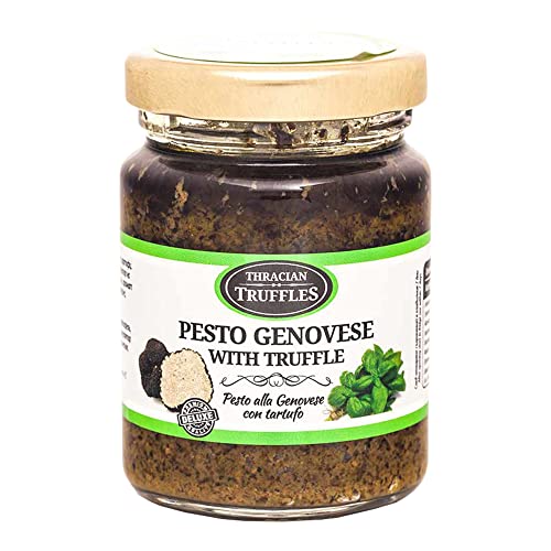 Pesto Genovese Sauce mit schwarzem Trüffel, Grünes Pesto Gourmet Sauce, Basilikum Pesto Genovese mit Cashewnüssen, Pinienkernen, Käse, Cremiges und aromatisches Trüffel Pesto (1 x 80g) von Pesto