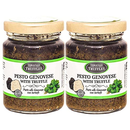 Pesto Genovese Sauce mit schwarzem Trüffel, Grünes Pesto Gourmet Sauce, Basilikum Pesto Genovese mit Cashewnüssen, Pinienkernen, Käse, Cremiges und aromatisches Trüffel Pesto (2 x 80g) von Pesto