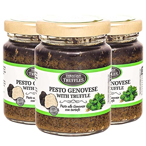 Pesto Genovese Sauce mit schwarzem Trüffel, Grünes Pesto Gourmet Sauce, Basilikum Pesto Genovese mit Cashewnüssen, Pinienkernen, Käse, Cremiges und aromatisches Trüffel Pesto (3 x 80g) von Pesto