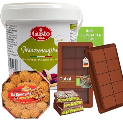 3er Set Pistaziencreme für Dubai Schokolade inkl. 2x Silikon Schokoladenform und 1x Tel Kadayif Engelshaar Teigfäden 400 g - Cremá direkt aus Italien/Sizilien mit 20% Pistazien 1 kg 3er Set Pistaziencreme für Dubai Schokolade inkl. 2x Silikon Schokoladenform und 1x Tel Kadayif Engelshaar Teigfäden 400 g - Cremá direkt aus Italien/Sizilien mit 20% Pistazien 1 kg von Generisch