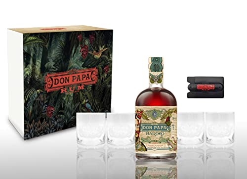 Don Papa Rum Baroko 0,7L (40% Vol) + 4 Tumbler mit Geschenkverpackung Glas Gläser + Handy Karten Halterung zum aufkleben Aged in Oak Rhum Ron- [Enthält Sulfite] von Generisch