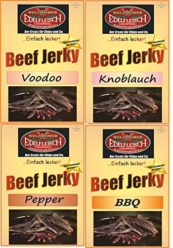 Edelfleisch 1200 Gramm Biltong Beef Jerky Probierpaket 4 Sorten BBQ+Voodoo+Knoblauch+Pfeffer STIX von Generisch