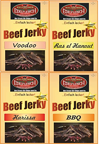 Edelfleisch 1200 Gramm Biltong Beef Jerky Probierpaket 4 Sorten Ras+Harissa+BBQ+Voodoo STIX von Generisch