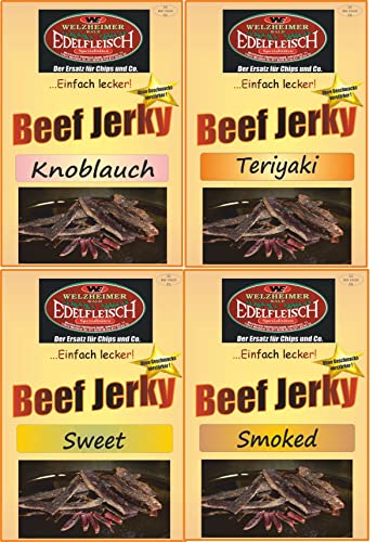 Edelfleisch 1200 Gramm Biltong Beef Jerky Probierpaket 4 Sorten Teriyaki+Knobl+Smoked+Sweet STIX von Generisch