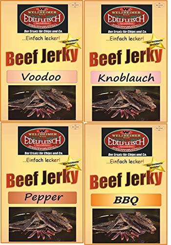 Edelfleisch 2 Kg Mega Biltong Beef Jerky Probierpaket 4 Sorten BBQ+Voodoo+Knoblauch+Pfeffer STIX von Generisch