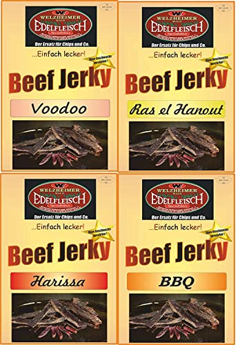 Edelfleisch 2 Kg Mega Biltong Beef Jerky Probierpaket 4 Sorten Ras+Harissa+BBQ+Voodoo STIX von Generisch