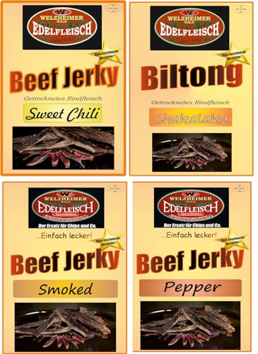 Edelfleisch 2 Kg Mega Biltong Beef Jerky Probierpaket 4 Sorten Sweet Chili+Chakalaka+Smoked+Pepper STIX von Generisch