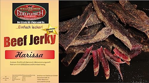 Edelfleisch 300 Gramm Biltong Beef Jerky Eigene Herstellung versch. Sorten am Stück/Stix… (Harissa scharf) von Generisch