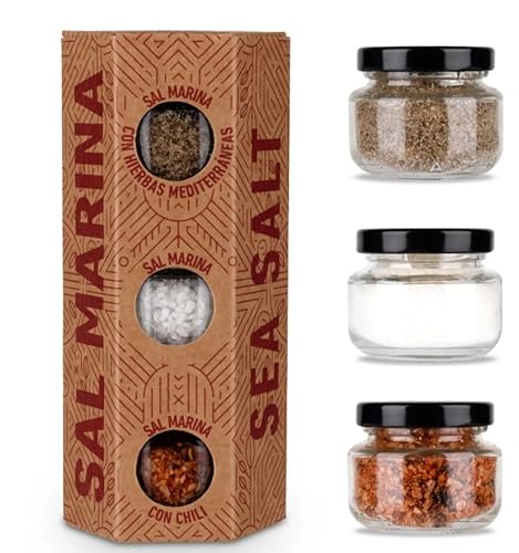 GLOSA MARINA - Sal Marina Gourmet Salze, Meersalz mit Gewürzen aus Mallorca das ideale Gewürze Geschenkset Salzset (3 x 50g) Edition Kraftpapier - rot von Generisch