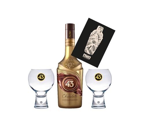 Generisch Individuelles Set mit Licor 43 Set - Chocolate 0,7L (16% Vol) + 2x Licor 43 Ballonglas Gläser mit Eichung Schokoladen Likör Logo Gelb - [Enthält Sulfite] von Generisch