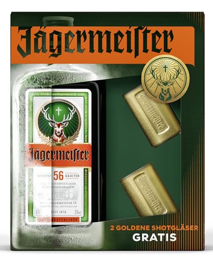 Jägermeister® Kräuterlikör 0,7 Liter Geschenkset mit 2 goldfarbigen Shotgläsern von Generisch