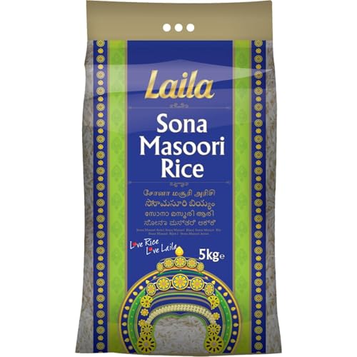 Laila Sona Masoori Reis 4 x 5kg – Südindischer, locker & aromatisch, ideal für Curry, Biryani, Dosa, Idli | Vegan, glutenfrei, natürlicher Reis aus Indien mit Kajal Sticker von Generisch