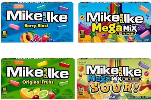 Mike and Ike Sweets Kaubonbons 4er Pack Bundle 141g Berry Blast, Mega Mix, Original Fruits, Mega Mix Sour von Generisch