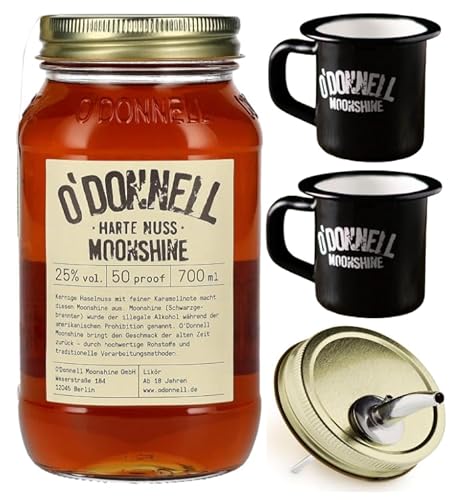 O`Donnell Moonshine I "Campfire - Set" I Harte Nuss (0,7l) I 2 Emaillie Tassen I Natürliche Zutaten I Premium Schnaps nach amerikanischer Tradition I 25% Vol. Alkohol I Inkl. Aussgießer von Generisch