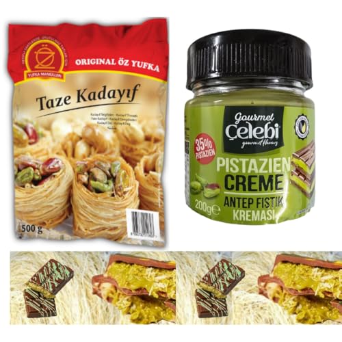 OZVERSE 500 Gramm frisches Teigfäden Tel Kadayif, Engelshaar mit 200 Gramm Anthap Pistazienpaste, Erdnusscreme, Pistazien Creme für Dubai-Schokolade [Frische garantiert] von Generisch