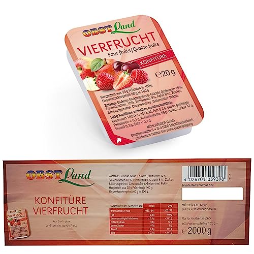 Obstland Konfitüre Portionen Vierfrucht 100x20g Kleine Portionen Marmelade mit Erdbeeren, Kirschen, Himbeeren & rote Äpfel für Buffets, Gastronomie und Großverbraucher von Generisch