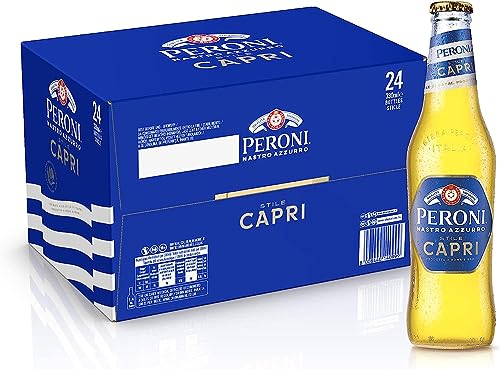 Peroni Nastro Azzurro im Capri-Stil, Bierkiste mit 24 Flaschen à 33 cl, niedriggäriges Lagerbier mit Noten von Zitrone und Olivenblättern, leichter und duftender Geschmack, Alkoholgehalt 4,2% Vol von Generisch