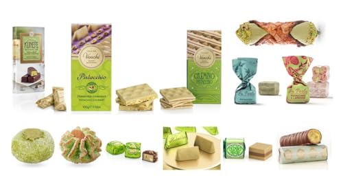 Pistazie-Paket mit Venchi Pistazien Schokolade, Venchi Pistazienpralinen, Tartufo Pistazie von La Perla di Torino, Sizilianisches Mandelgebäck, Kunefe-Pistazien Schokolade und Cannolo aus Sizilien Pistazie-Paket mit Venchi Pistazien Schokolade, Venchi Pistazienpralinen, Tartufo Pistazie von La Perla di Torino, Sizilianisches Mandelgebäck, Kunefe-Pistazien Schokolade und Cannolo aus Sizilien von Generisch