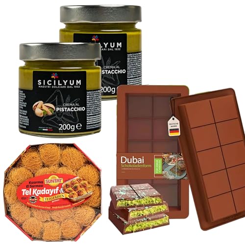 Set für Dubai-Schokolade aus: 2x Pistaziencreme 200g inkl. 2x Silikon Schokoladenform und 1x Tel Kadayif Engelshaar Teigfäden 400 g Set für Dubai-Schokolade aus: 2x Pistaziencreme 200g inkl. 2x Silikon Schokoladenform und 1x Tel Kadayif Engelshaar Teigfäden 400 g von Generisch