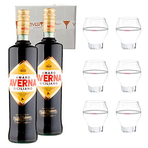 Set mit 2 Flaschen Amaro Averna Siciliano 29% Vol. 1000 ml - Mit 6 Original Averna Glasgläsern von Generisch