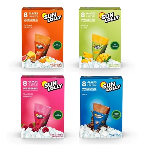 Sun Lolly Wassereis Mix Pack - Exotisch, Himbeere, Cola und Mango - 4 x 480ml Sun Lolly Wassereis Mix Pack - Exotisch, Himbeere, Cola und Mango - 4 x 480ml von Sun Lolly