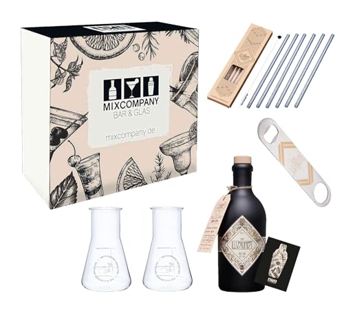 The Illusionist Gin X Mixcompany Geschenkset (The Illusionist Gin 0,5L (45% Vol.), Illusionist Flaschenöffner, 6x Glastrinkhalme + 1x Reinigungsbürste, 2 Illusionist Gin Glas Erlenmeyerkolbe von Generisch