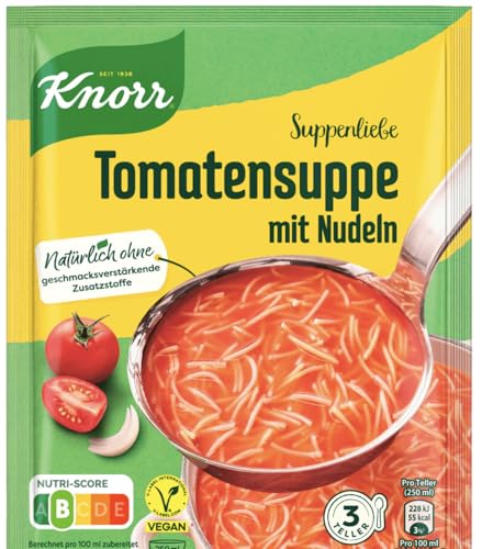 Tomaten-suppe mit Nudeln - Suppenliebe - 3 Portionen - für 750ml - Deutschland-Suppe zur schnellen Zubereitung ohne Zusatzstoffe, Tomaten mit Nudeln - Kompatibel mit Knorr - 92g Tomaten-suppe mit Nudeln - Suppenliebe - 3 Portionen - für 750ml - Deutschland-Suppe zur schnellen Zubereitung ohne Zusatzstoffe, Tomaten mit Nudeln - Kompatibel mit Knorr - 92g von Generisch