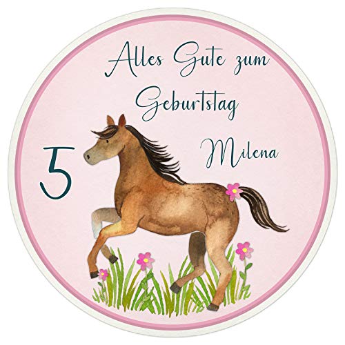 Tortenaufleger Tortenbild Fototorte Geburtstag Kindergeburtstag Foto Wunschtext Pferd Blumen Rosa Mädchen "2015" von Generisch