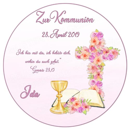 Tortenaufleger Tortenbild Fototorte zur Kommunion Konfirmation Wunschtext Kreuz Blüten Kelch Bibel Mädchen Rosa "4134" von Generisch